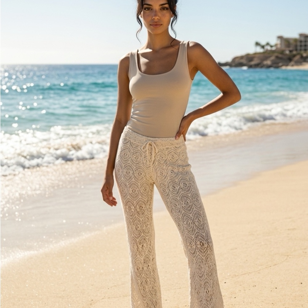 Cream Crochet Flare Pants Coverups Size Medium - Picture 12 of 12